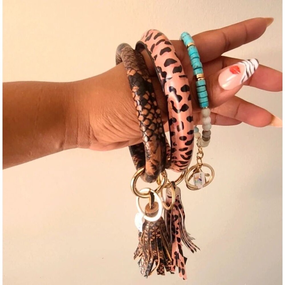 3 Bangle Keychain Bracelets Set Animal Print Wristlet Key Rings with Tassels